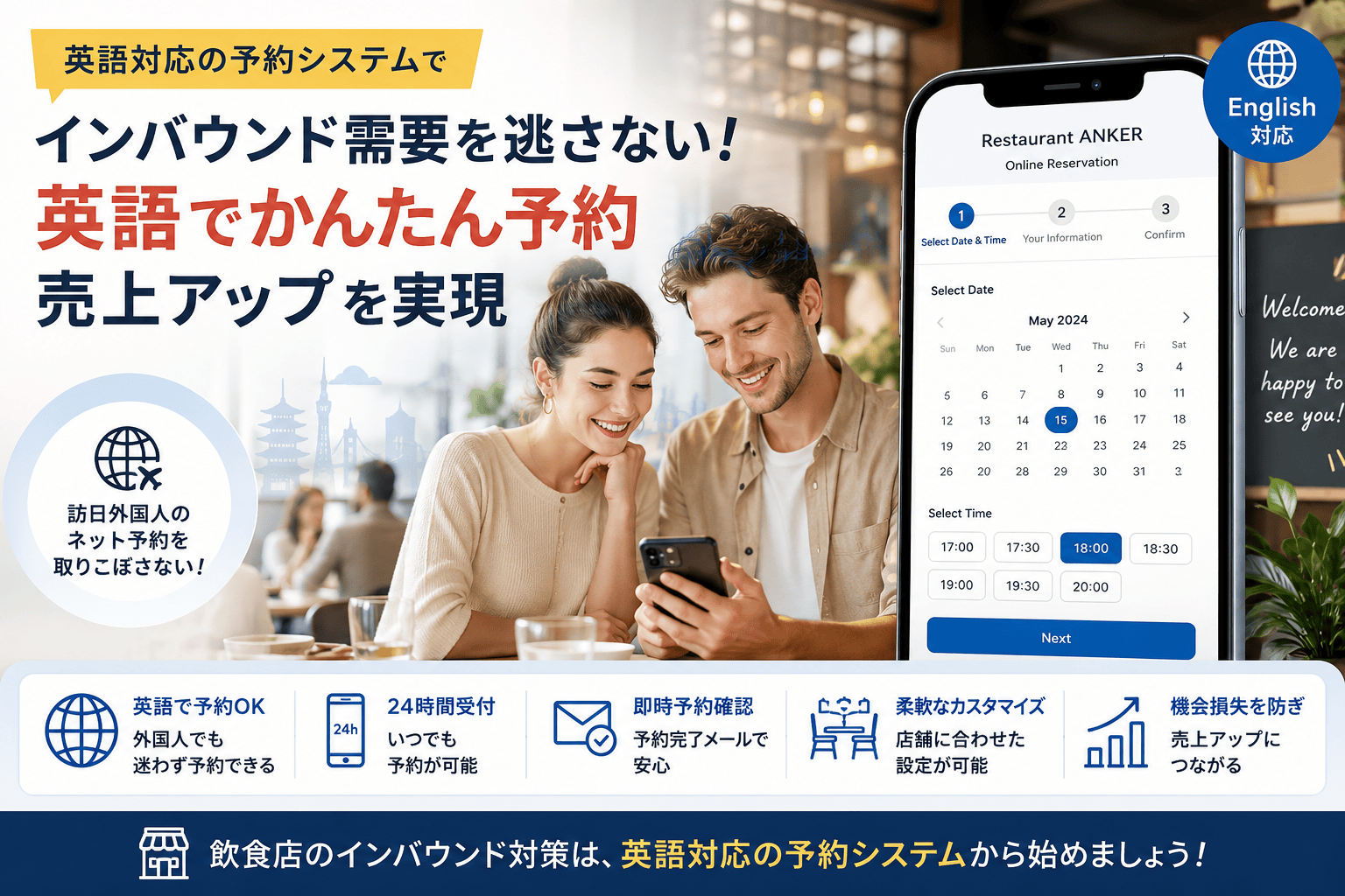 英語対応の予約システムで欧米の旅行者がスマホから予約し、英語の電話対応が不要になるイメージ