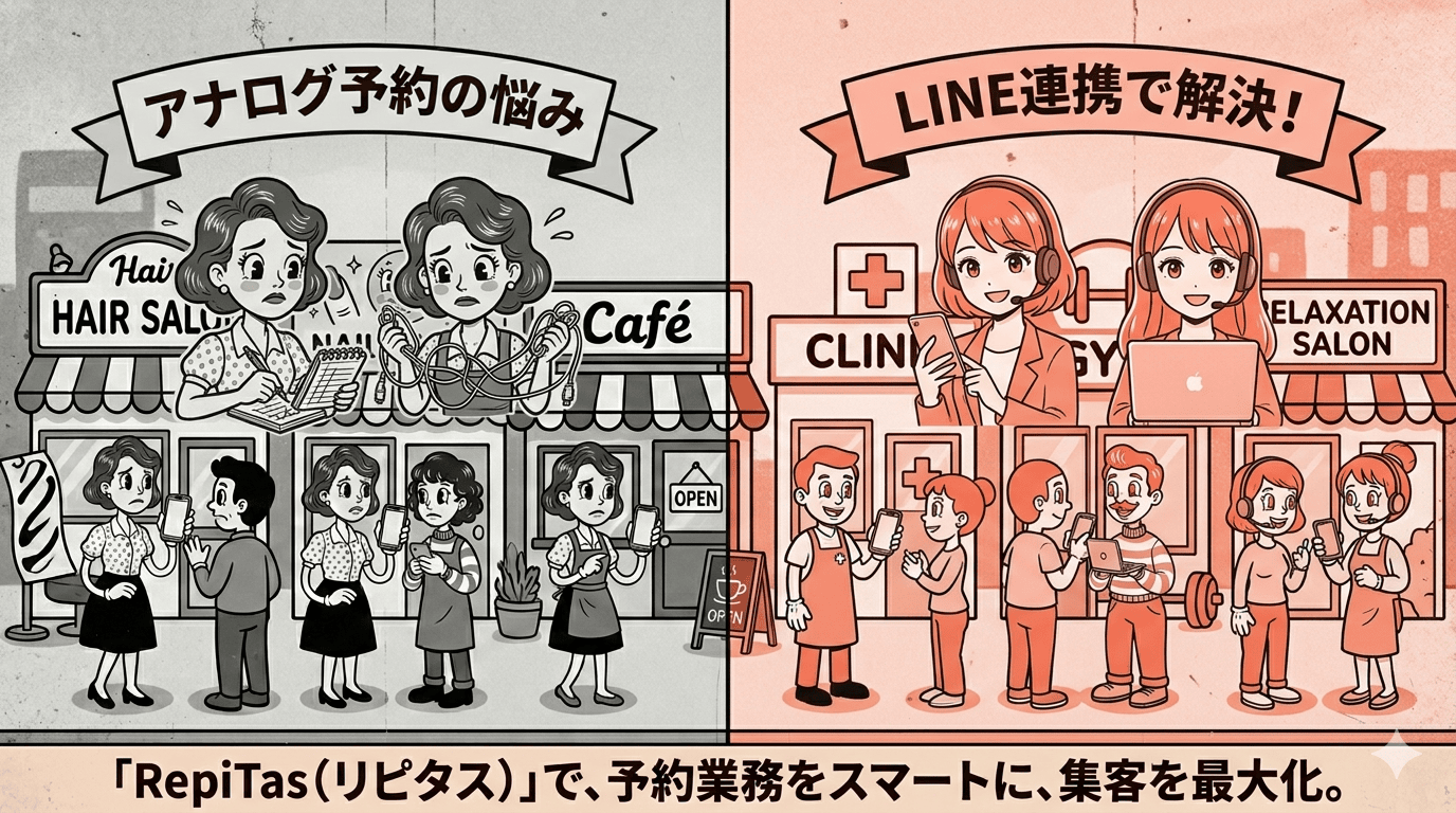 深夜のチャンスロスや業務過多を、Web・LINE予約システムで解決するイメージ