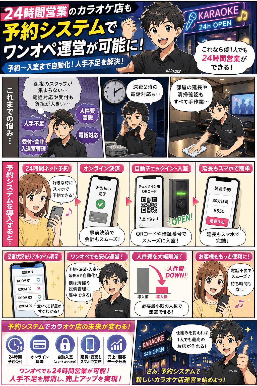 24時間営業をワンオペで回し、受付・電話・会計・清掃に追われて予約の電話を取り逃していた店舗のオーナーが、予約・顧客管理システム「リピタス」の24時間ネット予約・LINE予約・事前決済・リマインド通知で受付を自動化し、少ない人手でも取りこぼしなく回せるようになる物語（紹介漫画）