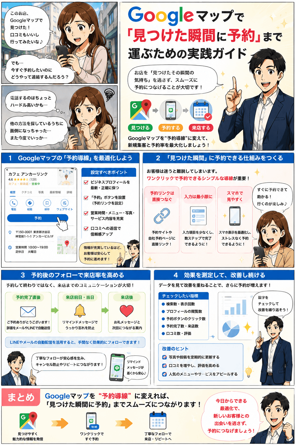Googleマップでお店を見つけて行ってみたいと思ったのに、電話はハードルが高く予約方法を探すうちに面倒になって離脱してしまうお客様の例を示し、ビジネスプロフィールを最新に保ち予約ボタンを設置する導線の最適化、ワンクリックで入力最小限の予約ページにつなぐ仕組み、予約完了直後・前日・来店後のフォロー、検索数や予約ボタンのクリック数などの効果測定という4ステップで、Googleマップを予約導線に変える方法を解説する紹介漫画