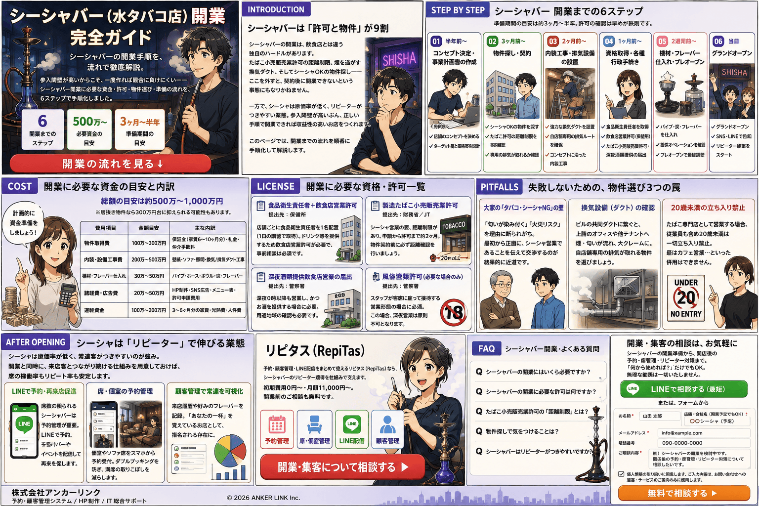 シーシャバーを開業し、許可や物件のハードルを越えてリピーターの集まる繁盛店になるまでの流れを描いた紹介漫画