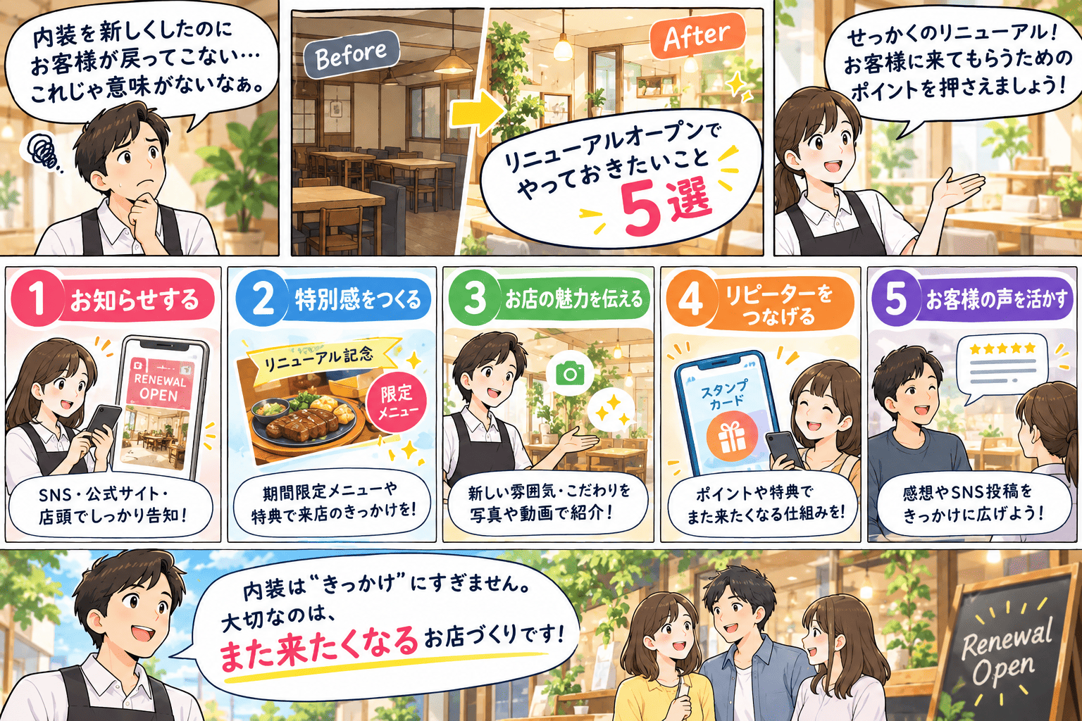 内装を新しくしたのにお客様が戻ってこないと悩む店主。ビフォー・アフターの店内とともに「リニューアルオープンでやっておきたいこと5選」を紹介する。1つ目はお知らせする——SNS・公式サイト・店頭でしっかり告知。2つ目は特別感をつくる——リニューアル記念の期間限定メニューや特典で来店のきっかけを作る。3つ目はお店の魅力を伝える——新しい雰囲気やこだわりを写真や動画で紹介。4つ目はリピーターをつなげる——スタンプカードなどポイントや特典でまた来たくなる仕組みを用意。5つ目はお客様の声を活かす——感想やSNS投稿をきっかけに広げる。内装は「きっかけ」にすぎず、大切なのは