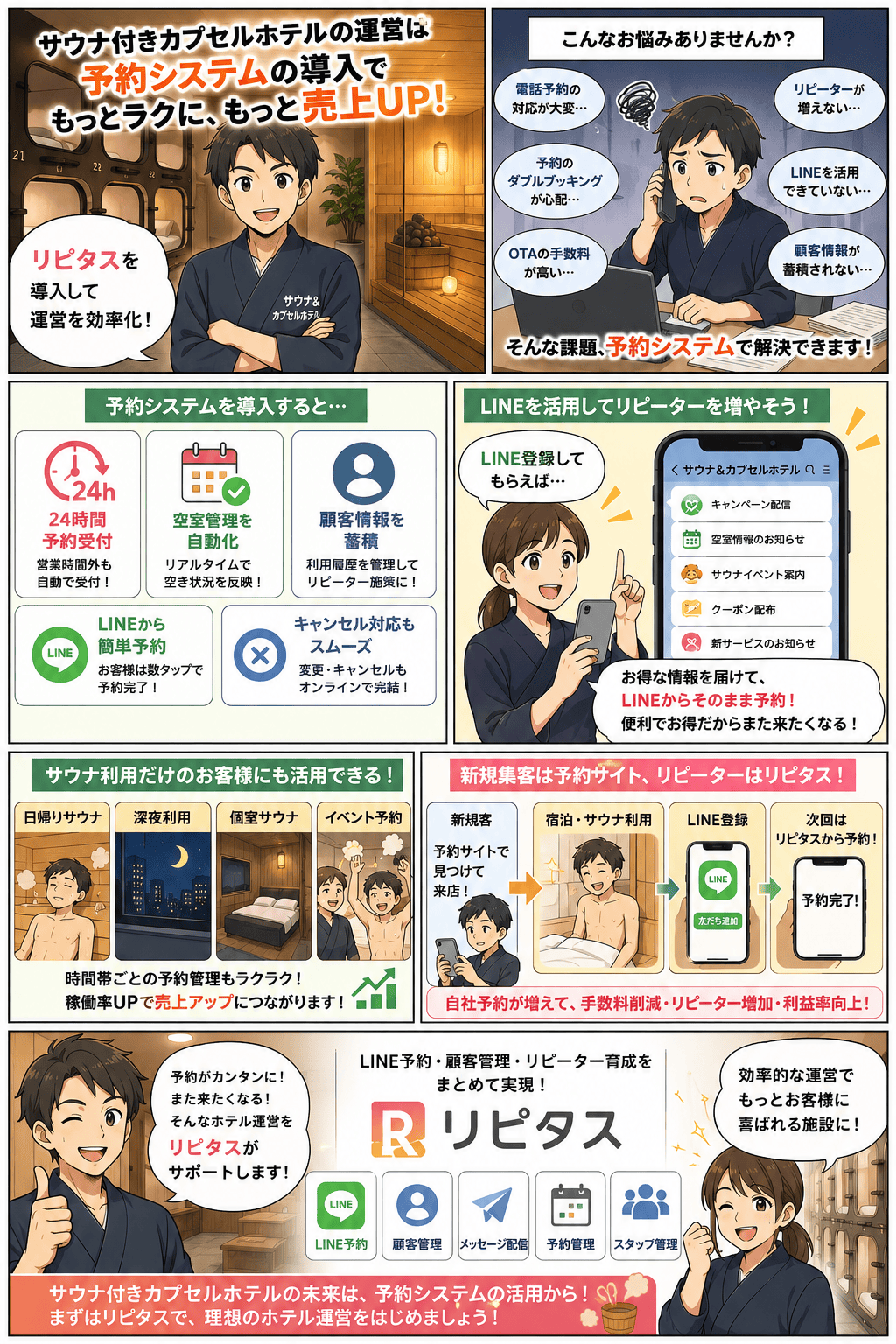 サウナ付きカプセルホテルにLINE予約を導入してサウナーが常連化していく様子の漫画