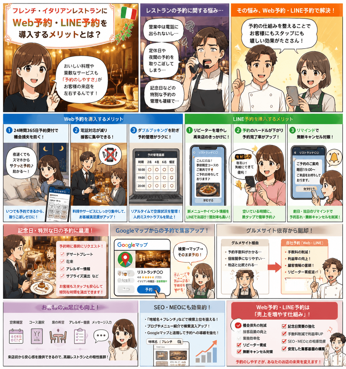電話と予約帳で記念日やアレルギー対応に追われていたフレンチレストランの経営者が、LINE予約システム「リピタス」で予約・事前ヒアリング・事前決済を一気通貫にする物語（紹介漫画）