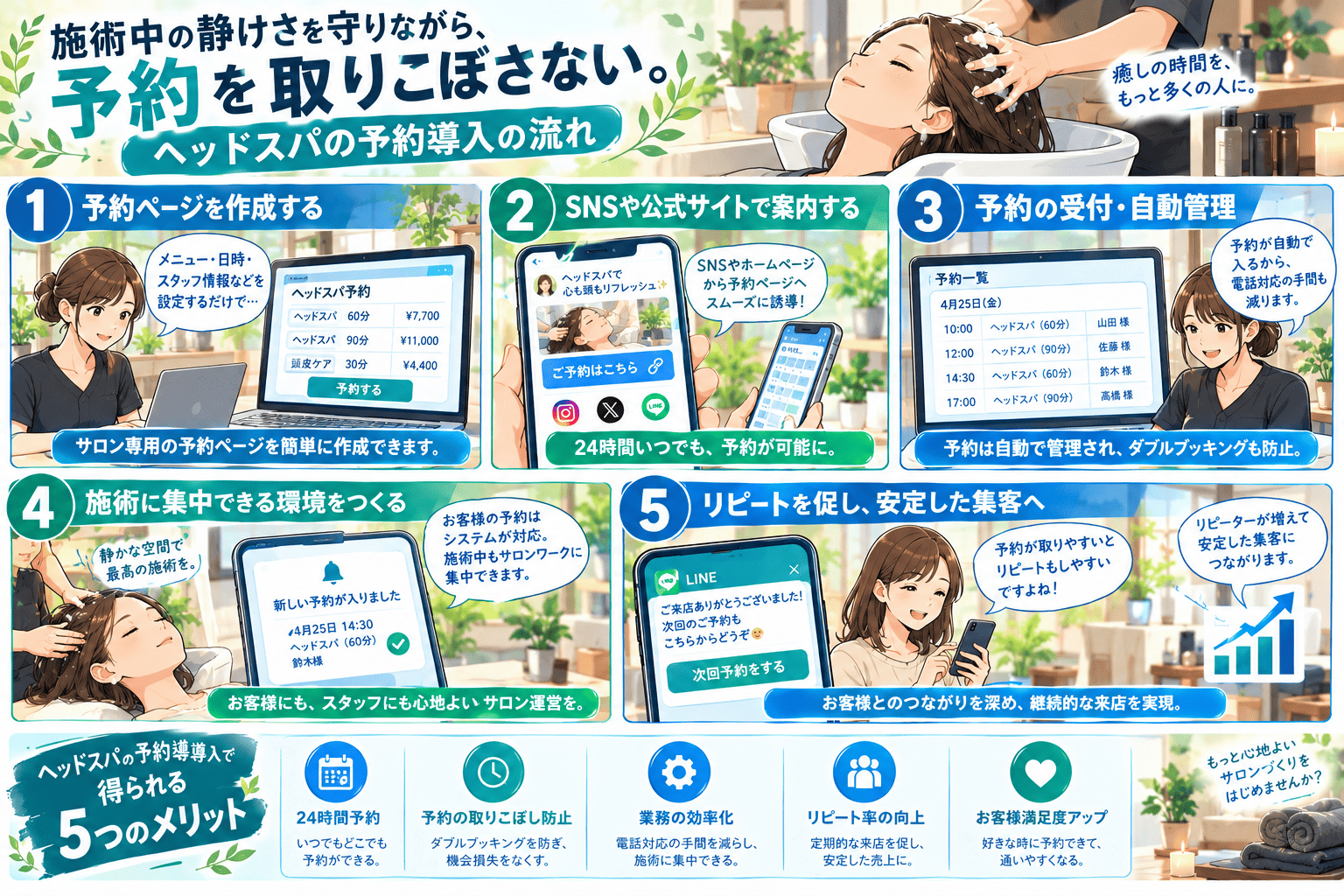 ヘッドスパ専門店がメニュー・日時・スタッフ情報を設定してサロン専用の予約ページを作り、SNSや公式サイトから予約ページへ誘導して24時間いつでも予約できるようにし、予約は自動で管理されてダブルブッキングも防止、施術中も電話に出る必要がなくサロンワークに集中でき、来店後のLINEから次回予約を促してリピーターを増やす——24時間予約・予約の取りこぼし防止・業務の効率化・リピート率の向上・お客様満足度アップという5つのメリットを描いた、ヘッドスパ専門店向け予約システム導入の紹介まんが