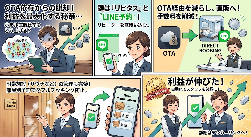 ホテルがLINE予約を導入して直販比率とリピーターを増やしていく様子の漫画