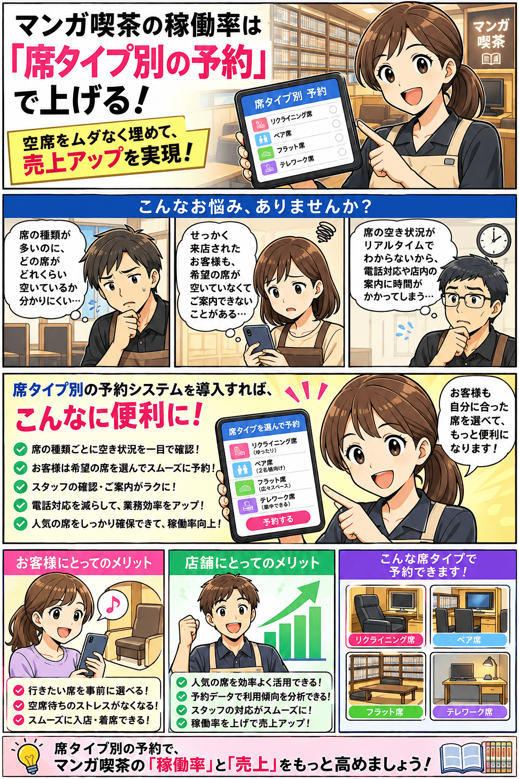 席の種類が多く空き状況が分かりにくい・希望の席が空いておらず来店客を案内できない・電話対応に時間がかかるマンガ喫茶のスタッフが、リクライニング席・ペア席・フラット席・テレワーク席など席タイプ別に空き状況を確認しお客様が希望の席を選んで予約できる予約システムを導入して、稼働率と売上を高める紹介漫画