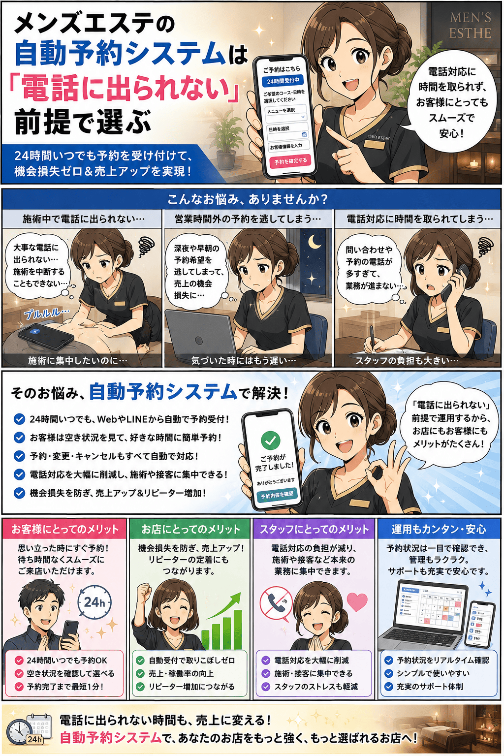 施術中で電話に出られない・営業時間外の予約希望を逃す・電話対応に時間を取られるという完全予約制メンズエステの悩みを、24時間受付のWeb／LINE自動予約システムで解決し、お客様・お店・スタッフそれぞれのメリットにつながるまでを描いた紹介まんが
