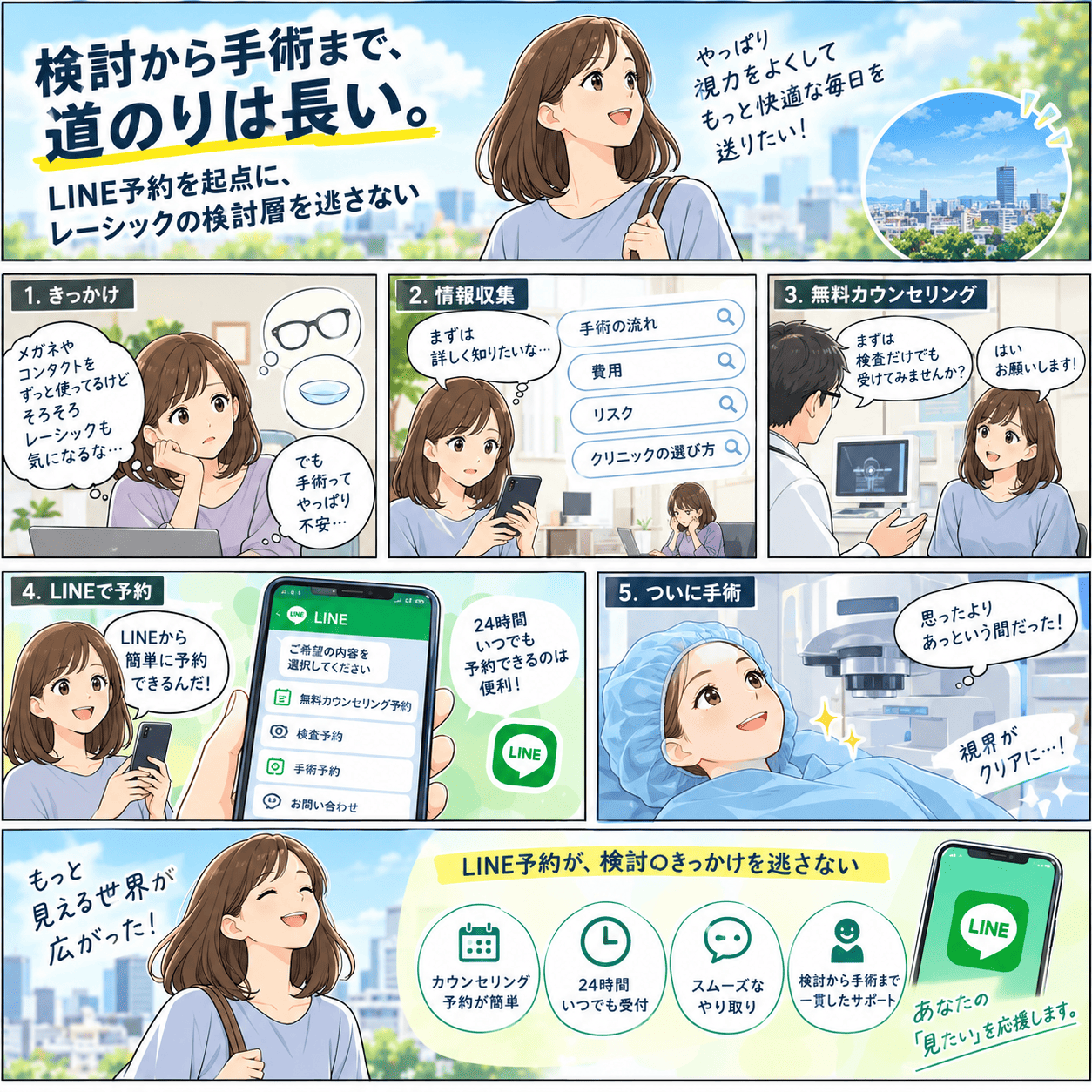 メガネやコンタクトに悩んでレーシックが気になり始めた検討層が、手術の流れ・費用・リスク・クリニックの選び方を調べ、無料カウンセリングを受け、LINEから無料カウンセリング予約・検査予約・手術予約・問い合わせを24時間いつでも選んで予約し、手術を受けて視界がクリアになるまでの流れを描いた、視力矯正クリニック向けLINE予約の紹介まんが
