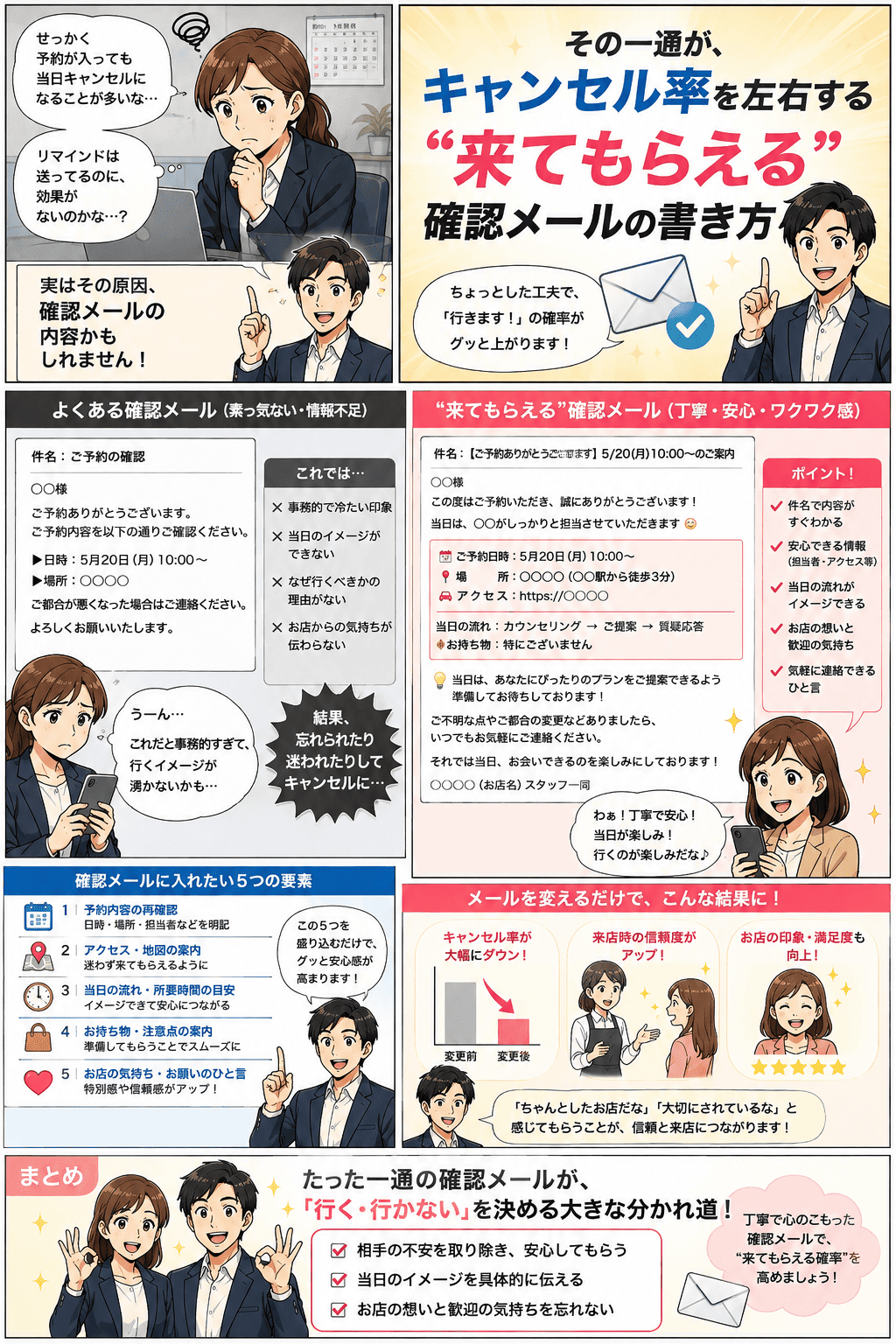リマインドを送っているのに当日キャンセルが多いと悩む担当者に、日時と場所だけの事務的な確認メールと、担当者・アクセス・当日の流れ・持ち物・お店の気持ちを添えた丁寧で安心できる確認メールを比較し、予約内容の再確認・アクセス案内・当日の流れ・持ち物・お店のひと言という5つの要素を入れるだけでキャンセル率が下がり来店時の信頼度と満足度が上がることを解説する紹介漫画