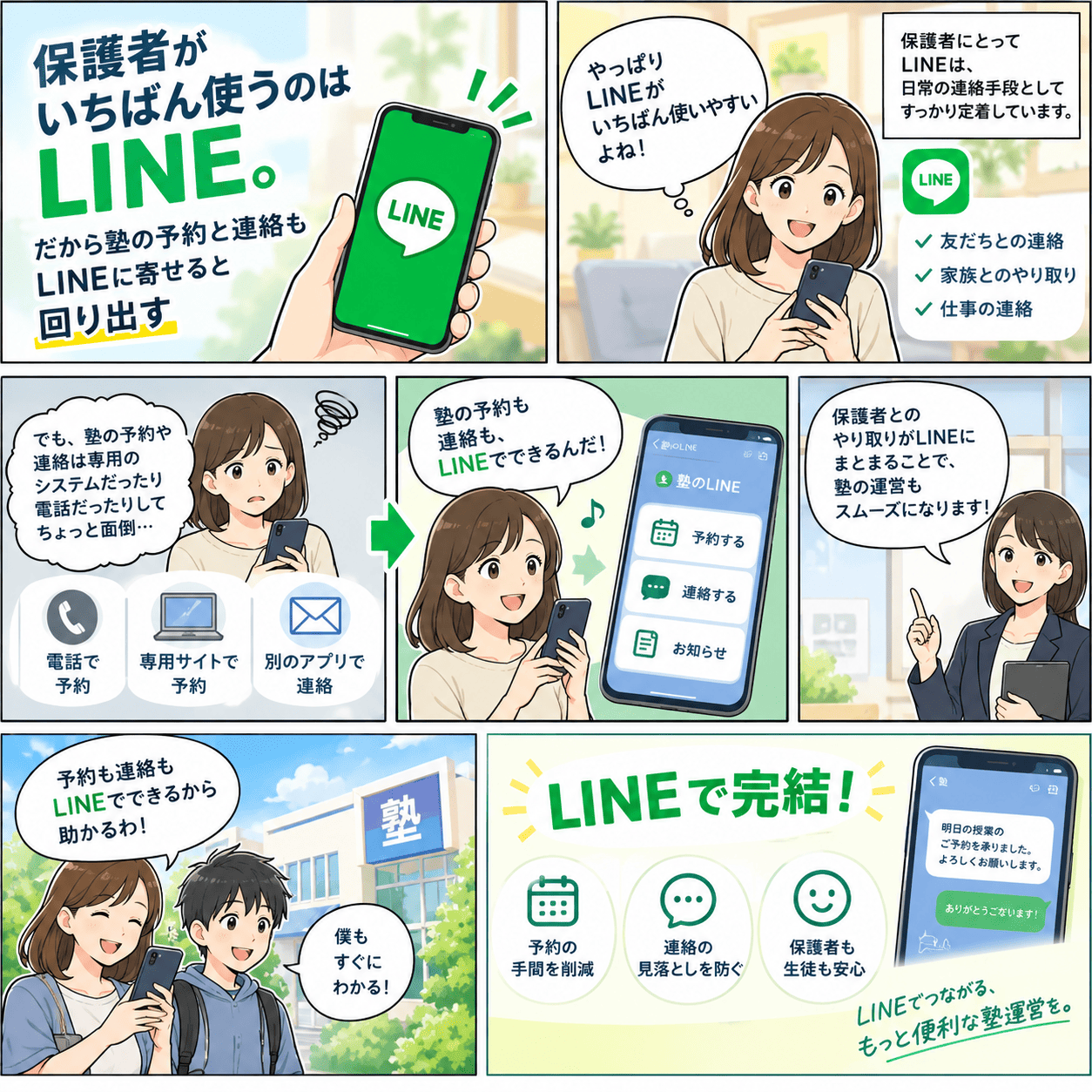 保護者がいちばん使う連絡手段はLINEであること、塾の予約は電話・専用サイト・別アプリの連絡と分散して面倒だったこと、それが塾のLINEから「予約する・連絡する・お知らせ」で完結するようになり、予約の手間削減・連絡の見落とし防止・保護者も生徒も安心につながる流れを描いた個別指導塾向けLINE予約の紹介まんが