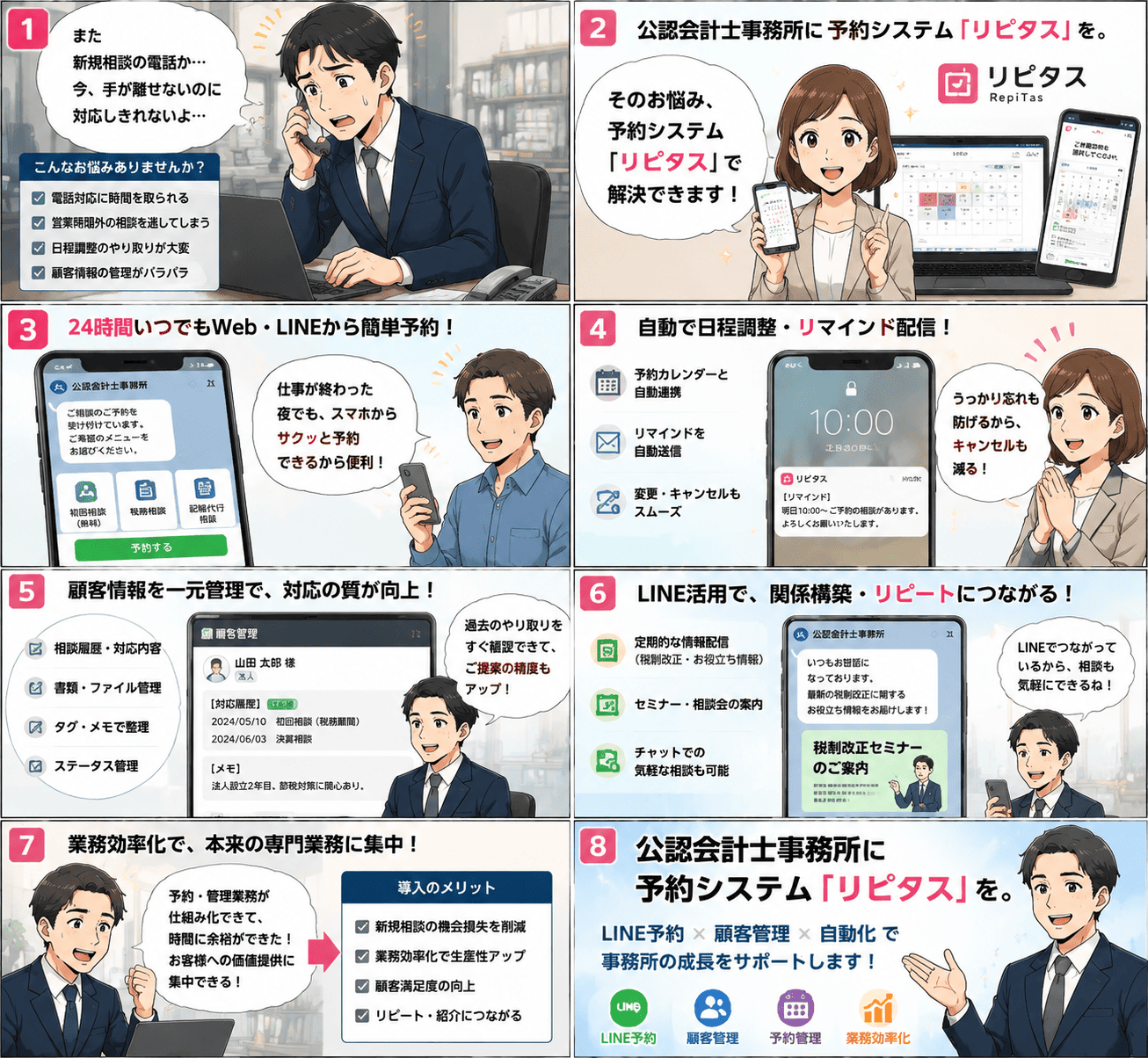決算期・監査期の繁忙で初回の問い合わせが電話やメールに埋もれ、折り返しが遅れて相談者が他の事務所へ流れていた公認会計士事務所が、予約・顧客管理システム「リピタス」で24時間の相談予約受付と面談前の事前ヒアリングを仕組み化する物語（紹介漫画）