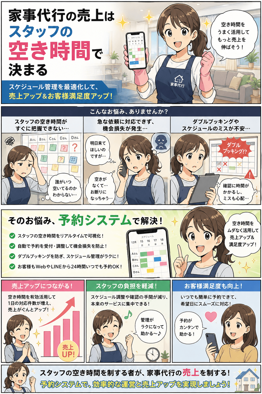 スタッフの空き時間が把握できず急な依頼を断ってしまい、ダブルブッキングも不安な家事代行の担当者が、スタッフの空きをリアルタイムで可視化し自動で予約を受付・調整する予約システムを導入して、対応件数を増やし売上アップ・スタッフの負担軽減・お客様満足度向上を実現する紹介漫画
