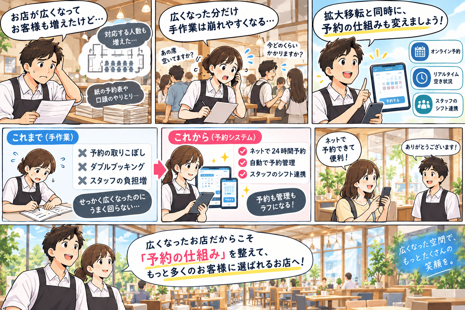 お店が広くなってお客様も対応する人数も増えたのに、紙の予約表や口頭のやりとりのままで悩む店主。広くなった分だけ手作業は崩れやすくなり、「あの席空いてますか？」「今どのくらいかかりますか？」の問い合わせに追われるスタッフ。そこで拡大移転と同時に予約の仕組みも変え、オンライン予約・リアルタイムの空き状況・スタッフのシフト連携を導入する。これまでの手作業では予約の取りこぼし・ダブルブッキング・スタッフの負担増で「せっかく広くなったのにうまく回らない」状態だったが、これからの予約システムではネットで24時間予約でき、自動で予約管理、スタッフのシフト連携もでき、予約も管理もラクになる。お客様も「ネットで予約できて便利！」と喜ぶ。広くなったお店だからこそ予約の仕組みを整えて、もっと多くのお客様に選ばれるお店へ——という拡大移転を描いた紹介まんが