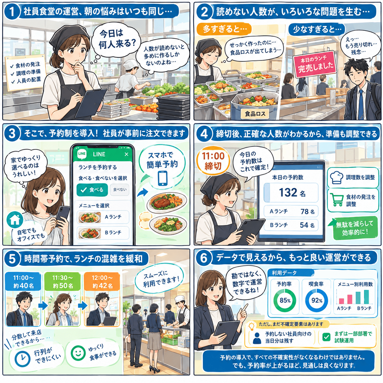 「今日は何人来る？」と食数が読めないまま食材の発注・調理の準備・人員配置を決めている社員食堂。多めに作れば食品ロスが出て、少なすぎれば売り切れで社員をがっかりさせてしまう。そこで予約制を導入し、社員はスマホのLINEから自宅でもオフィスでも「食べる・食べない」とAランチ・Bランチのメニューを事前に選択。11時の締切後に本日の予約数132名（Aランチ78名・Bランチ54名）が確定し、調理数と食材の発注を調整できる。11時・11時30分・12時といった時間帯予約で来店が分散し行列ができにくくゆっくり食事ができる。予約率85%・喫食率92%・メニュー別利用数などのデータで勘ではなく数字で運営でき、予約しない社員向けに当日分を残す・まずは一部部署で試験運用するといった配慮も。予約の導入ですべての不確実性がなくなるわけではないが、予約率が上がるほど見通しは良くなる、という社員食堂の予約システムを描いた紹介まんが