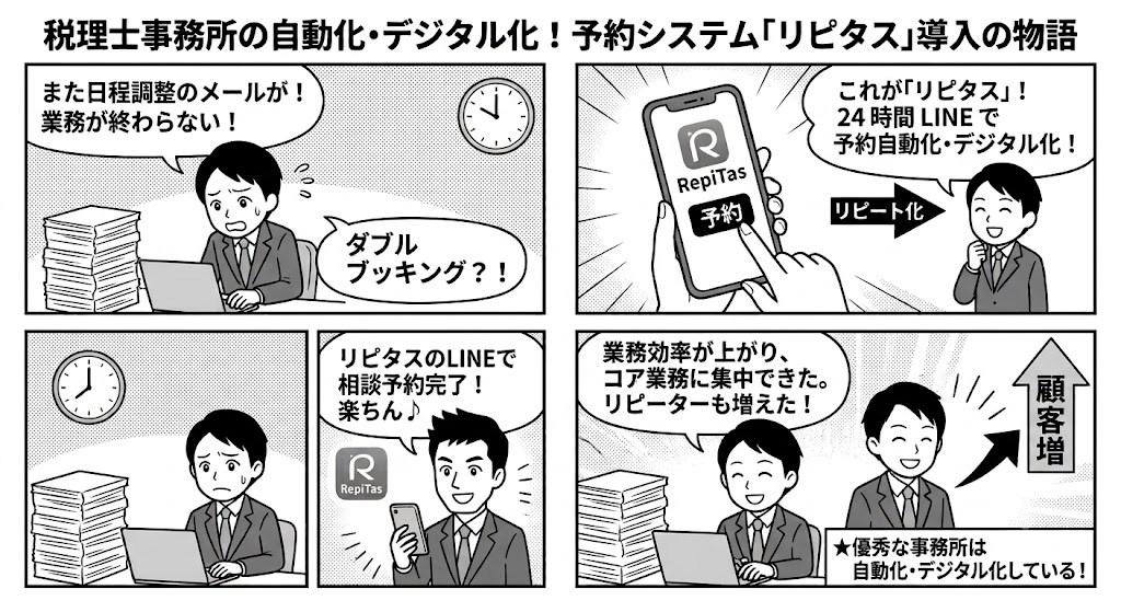 税理士事務所の自動化・デジタル化！予約システム「リピタス」導入の物語（紹介漫画）