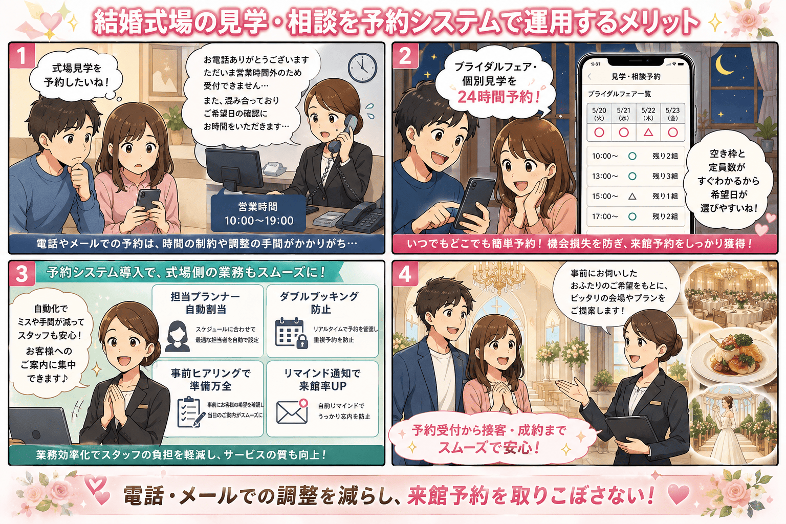 結婚式場のブライダルフェア・見学・相談の来館予約を予約システムで24時間受け付け、担当プランナーの割り当てまで自動で整える流れを描いた紹介漫画