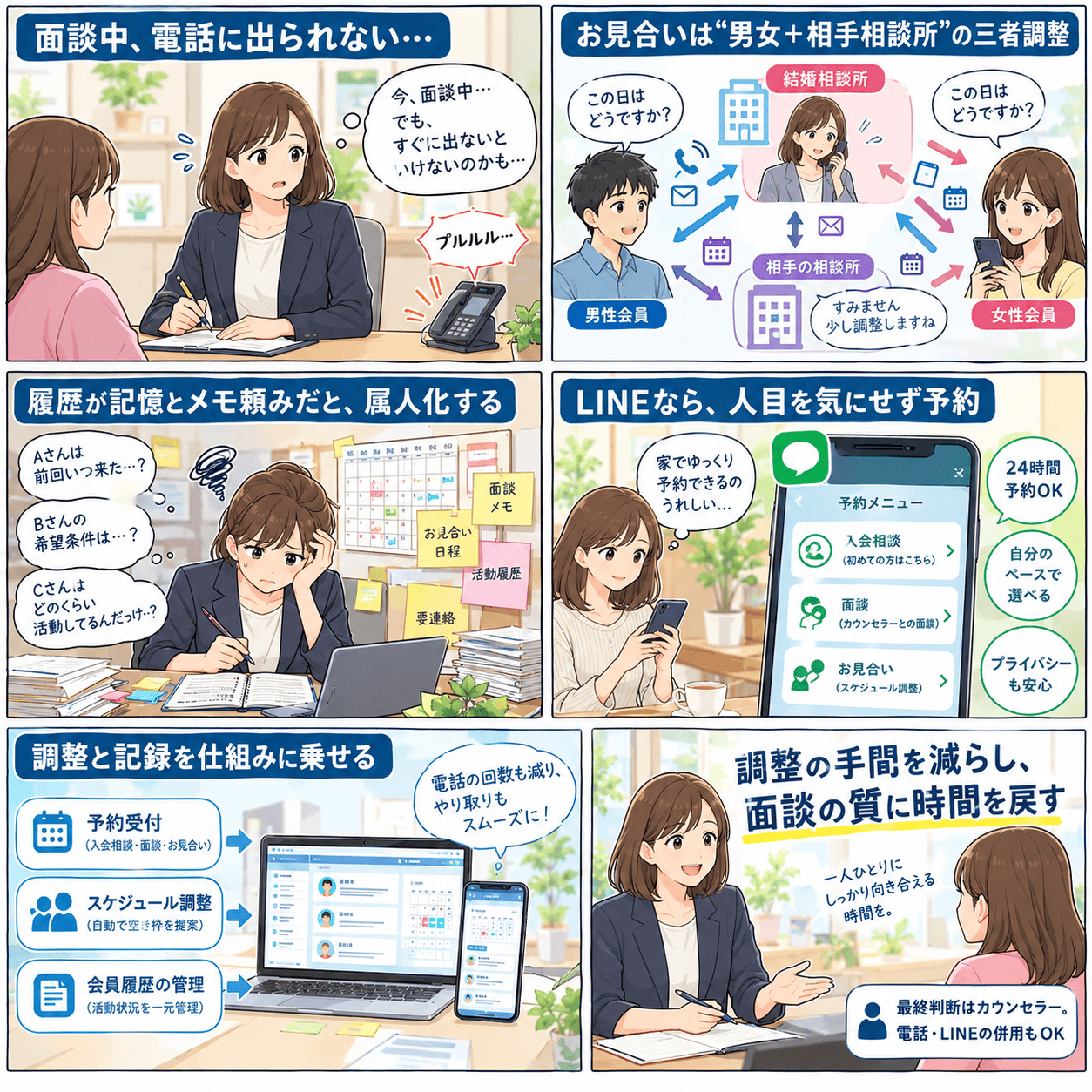 面談中で電話に出られず入会相談を取りこぼしそうになるカウンセラー、男性会員・女性会員・相手の相談所という三者でのお見合い日程調整の往復、会員の来所時期や希望条件・活動状況が記憶とメモ頼みで属人化している状況。そこへLINE予約を導入すると、会員は人目を気にせず自宅から24時間・自分のペースで入会相談や面談、お見合いの日程調整を申し込める。予約受付・スケジュール調整（自動で空き枠を提案）・会員履歴の一元管理を仕組みに乗せることで電話の回数とやり取りが減り、調整の手間を減らして面談の質に時間を戻せる——最終判断はカウンセラーが行い、電話・LINEの併用もできる、という結婚相談所の予約管理を描いた紹介まんが