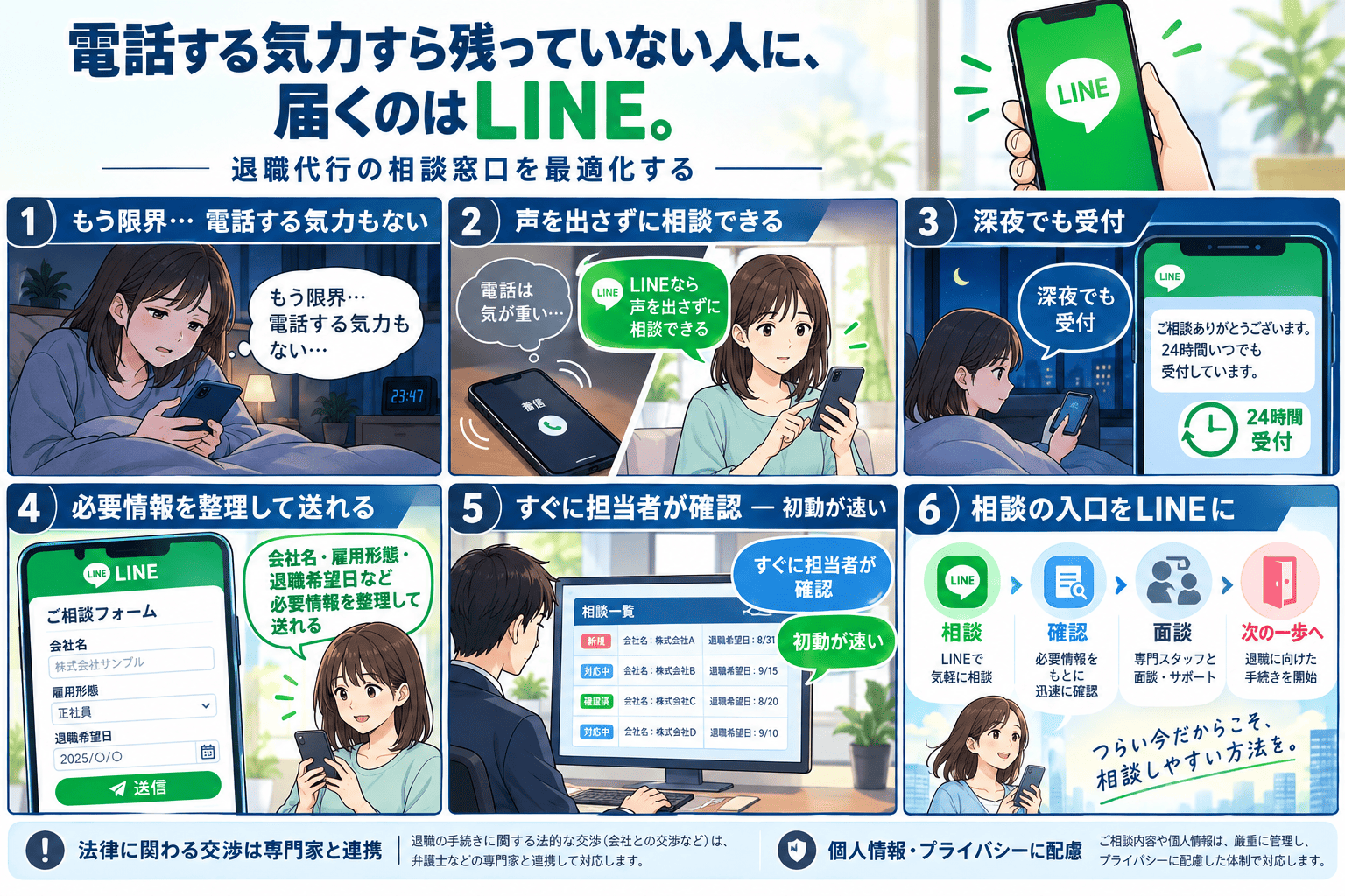 もう限界で電話する気力も残っていない相談者が、深夜でもLINEなら声を出さずに相談でき、24時間受付の自動返信を受け取り、会社名・雇用形態・退職希望日などの必要情報を整理して送信、担当者がすぐ確認して初動が速くなる——相談から確認・面談・次の一歩までをLINEを入口に進める流れと、法律に関わる交渉は弁護士など専門家と連携すること・個人情報とプライバシーに配慮することを描いた、退職代行会社向けLINE相談受付の紹介まんが