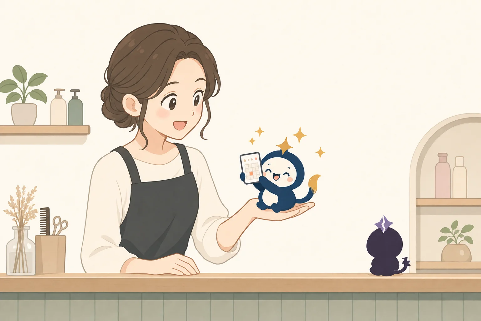 リピタスFreeのイメージ。小さな美容室の店主の手のひらで、公式キャラクターのリピィがスマホの予約ページを掲げている。隅ではダークリピィがしょんぼりしている