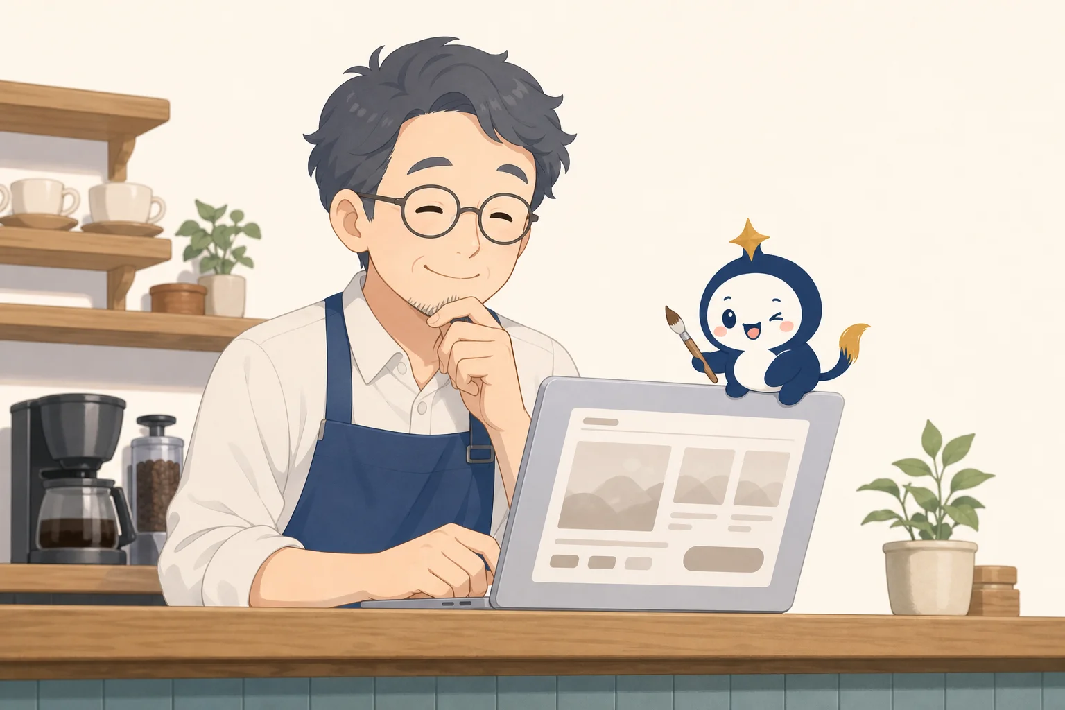 カフェの店主がノートPCでお店のホームページを確認し、公式キャラクターのリピィが絵筆を持ってウインクしている